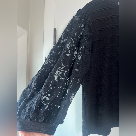 Anthropologie Eri + Ali Chelsea Knit Top Lace Balloon Sleeves Solid Black Medium - Picture 3 of 9